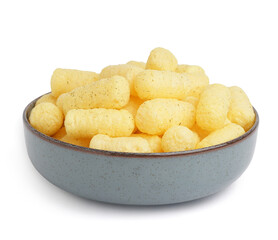 Bowl with tasty corn sticks on white background