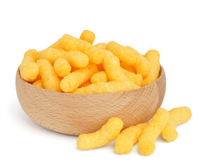 Wooden bowl with tasty corn sticks on white background