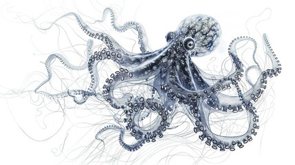   A black-and-white drawing of an octopus on a white background, featuring both a solid ink depiction and a line-drawn version