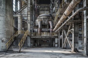 A large industrial building with a large, rusty pipe in the middle