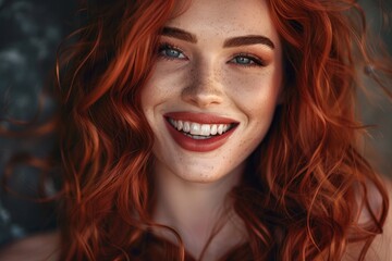 A woman with red hair and blue eyes is smiling and wearing red lipstick - Powered by Adobe