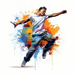 A young man jumping against a background of bright colors.
Concept: Energy, creativity, dance, street art, youth culture, self-expression