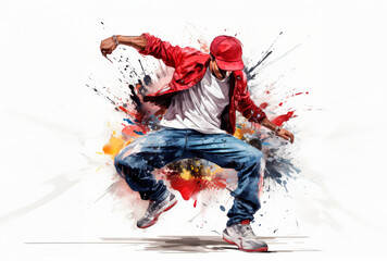 A young man jumping against a background of bright colors.
Concept: Energy, creativity, dance, street art, youth culture, self-expression