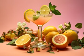 Fototapeta premium Refreshing lemon cocktail with rosemary garnish served in a martini glass.