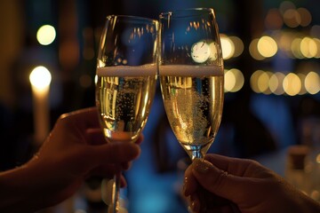 Closeup of a romantic celebratory champagne toast by a sophisticated couple at a luxurious evening event. Creating the perfect mood for a successful celebration. Whether it's a new year's eve