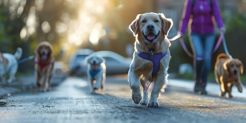 Dogs on leashes enjoying a sunny stroll. Concept Pets, Dogs, Outdoors, Sunny Day, Leash