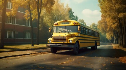 Obraz premium A photo of a school bus parked in front of a school.