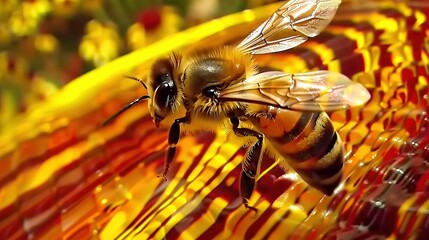Naklejka premium Bees on Glass with Flowers - Close-up shot of a bee on a glass surface surrounded by vibrant flowers
