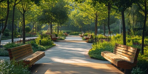Urban park with wooden benches, lush greenery, and winding pathways under a canopy of trees