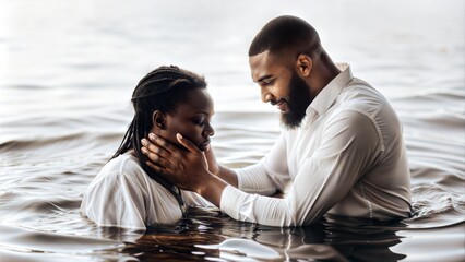 An inspiring image of a baptism ritual, showing the act of immersion in water and the elation of the baptized, symbolizing purification and spiritual rebirth