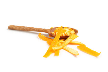 Wooden spoon with fresh orange peel on white background