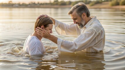 A serene image of a baptism tradition, showing the act of immersion in water and the joy of the baptized, representing cleansing and rebirth. Ideal for church bulletins or religious events.