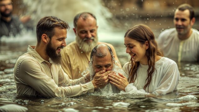 A joyful image of a baptism blessing, capturing the moment of immersion in water and the elation of the participants, symbolizing purification and new beginnings