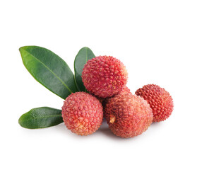 Delicious litchi fruit and green leaves on white background