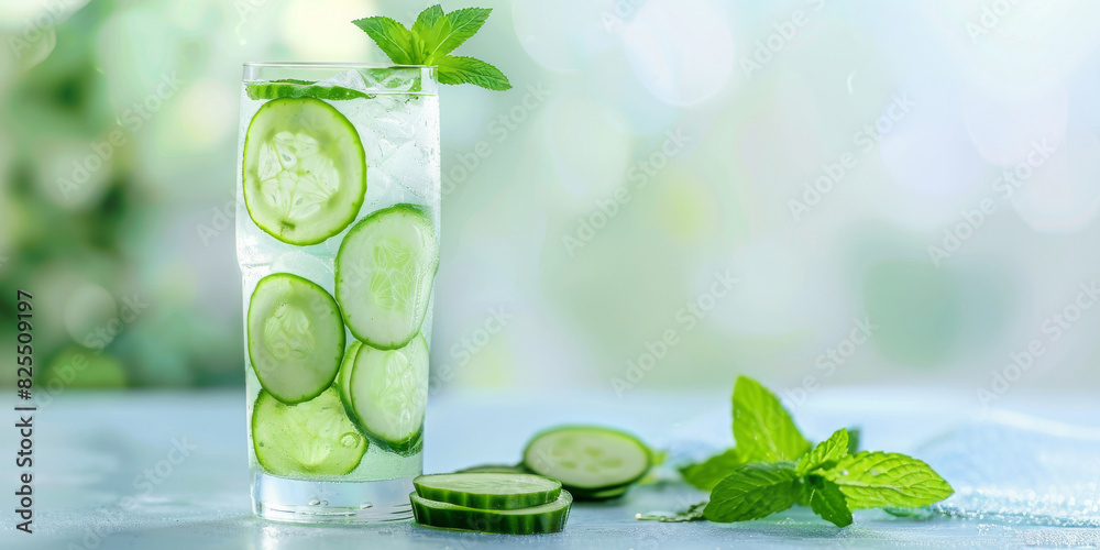 Wall mural refreshing cucumber and mint water drink in a clear glass with ice on a light green background