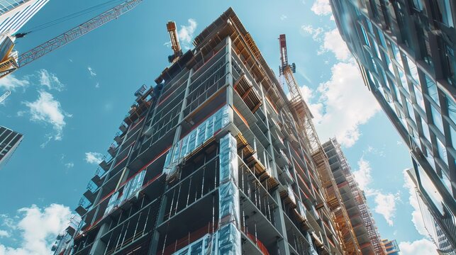 Modern skyscraper under construction with cranes and scaffolding, showcasing innovative design and materials, highresolution and detailed