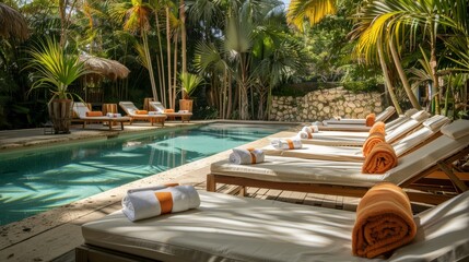 Obraz premium Luxury tropical resort poolside with loungers and towels amidst lush greenery