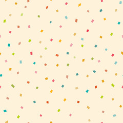 Delightful and festive scatter of multicolored confetti pieces dances across a light background, evoking a cheerful and joyous atmosphere. Vector seamless perfect for celebratory and festive designs.