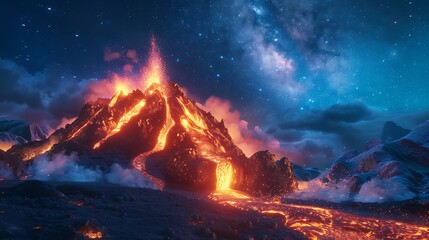 The fiery spectacle of a volcano erupting at night, lava flowing down its slopes under a starry sky.