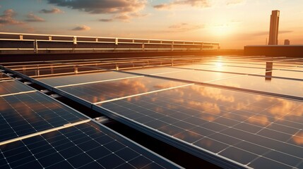 A photo of a solar panel array on a rooftop with reflection