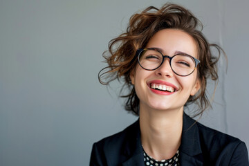 A woman with glasses is smiling and looking at the camera