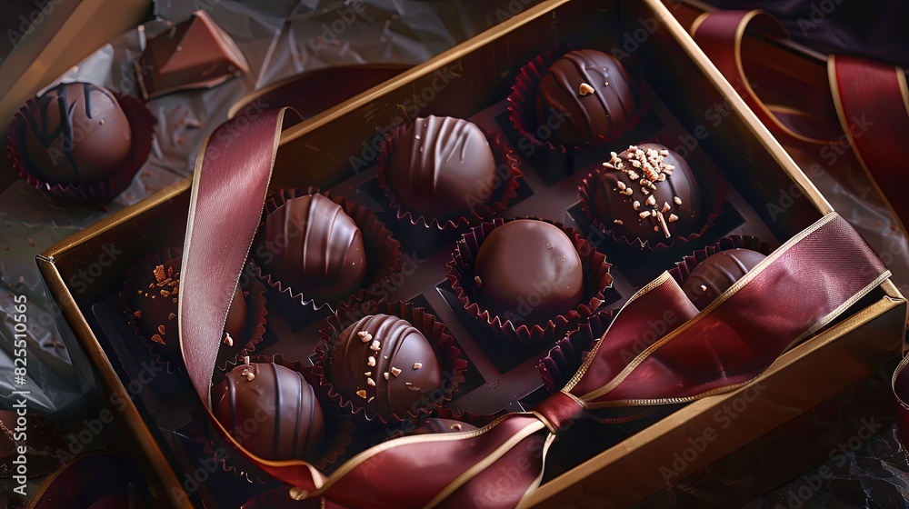 Poster elegant box of chocolate truffles adorned with a red ribbon, showcasing a luxurious presentation and