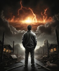 Obraz premium A man stands on a destroyed street and looks at a stormy sky with lightning and sunset. cover of books, films and games in the post-apocalyptic genre of global climate change, visualization of lonelin