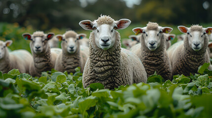 Obraz premium Herd of Sheep Grazing on a Grassy Field