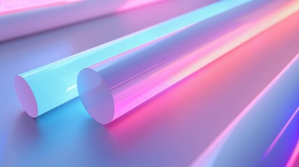 Abstract Photography. Transparent cylindrical prisms reflecting pastel pink and blue hues, smooth gradient background.