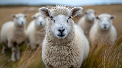 Fototapeta premium Herd of Sheep Grazing on a Grassy Field