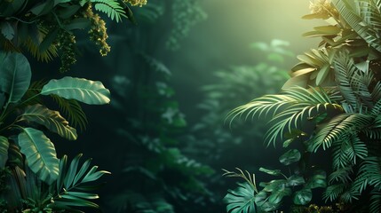 3D render of a tropical jungle scene with lush greenery and ambient lighting, suitable for nature-themed designs, backgrounds, and illustrations.