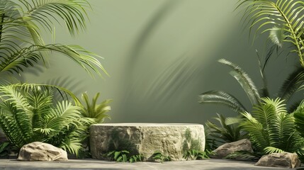 3D render of an outdoor scene with lush greenery featuring a stone platform, perfect for nature-themed designs, backgrounds, and illustrations.