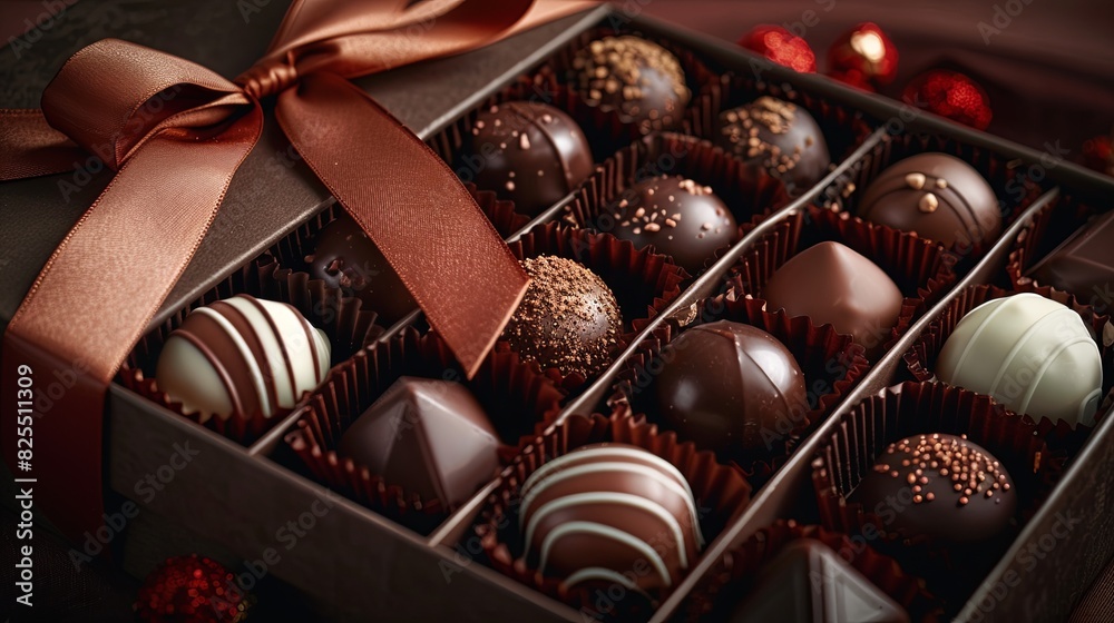 Poster a detailed and elegant box of chocolate truffles adorned with a rich brown ribbon for a luxurious pr