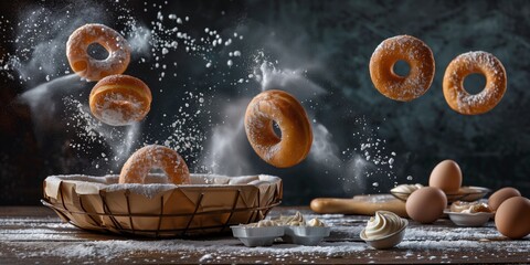Photography. Donuts in a basket with flour dusting on eggs and table, rustic kitchen background.