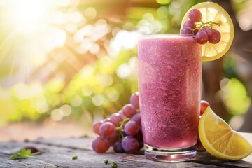 A refreshing smoothie made with grapes and lemon displayed on a wooden table
