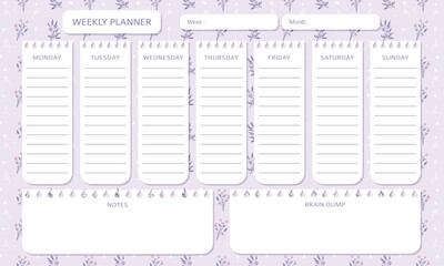 Student Weekly schedule with beautiful hand drawn purple pastel floral background