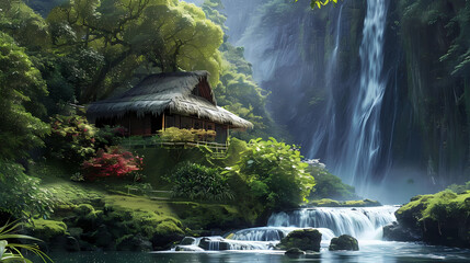 Fototapeta premium Discover the ultimate travel landscape in Hawaii, tropical island paradise awaits with beautiful trees and cascading waterfalls. Luxury travel and summer vacation escapes, wallpaper