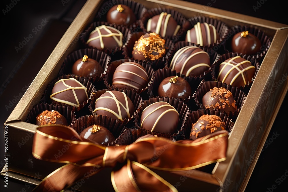 Poster high-detail box of chocolate truffles adorned with elegant ribbon in rich dark colors. generative ai