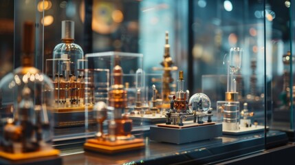 A display case filled with beautiful miniature models of different types of particle detectors each...
