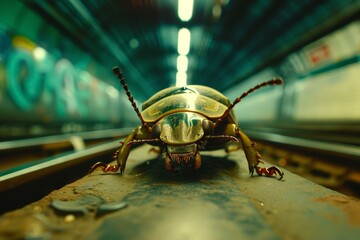 Metallic golden beetle on a subway rail with graffiti backdrop