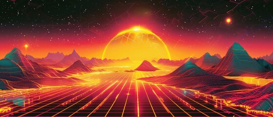 Retro Neon Grid Background Futuristic 80s Design design concept header web cover poster banner presentation template