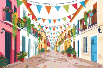 An illustration of a lively, colorful street in Spain, adorned with traditional decorations for the Fiesta celebration.
