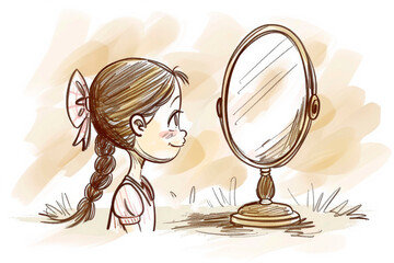 The girl looks in an antique mirror, cartoon style.

Concept:
Childhood, imagination, fairy tale, self-knowledge, retro, nostalgia.