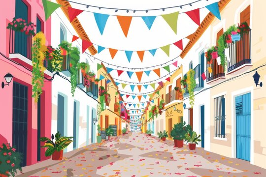 Fototapeta An illustration of a lively, colorful street in Spain, adorned with traditional decorations for the Fiesta celebration.