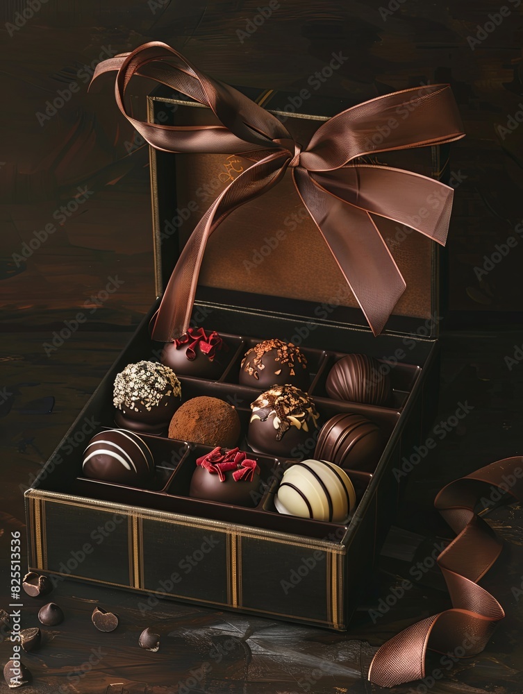Poster elegant box of chocolate truffles adorned with ribbons, luxurious and detailed presentation in rich 