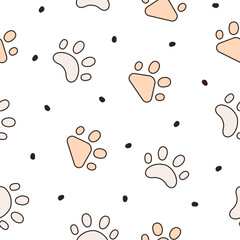 Dog or cat paw print. Seamless pattern. Animal footprints. Hand drawn style. Vector drawing. Design ornaments.
