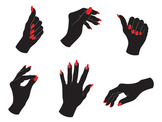 Vector set of various female palm of hand silhouettes with red nails, isolated,  illustration on white background.