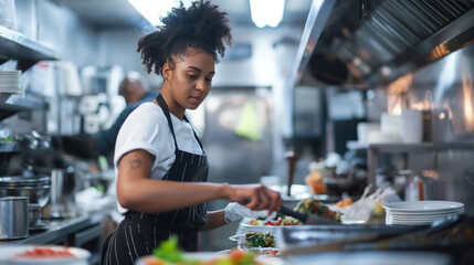 A black female chef preparing food in the kitchen of a restaurant