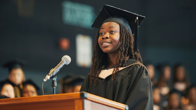 Serene African American female graduate addressing audience at ceremony