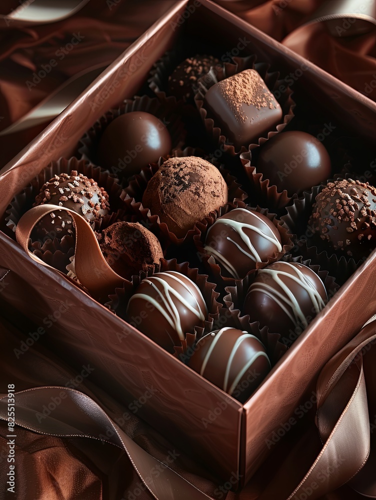 Poster high-detail box of elegant chocolate truffles with ribbons on a table, luxurious presentation. gener